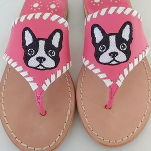 Jack Rogers Leather French Bulldog Sandal Sz 5  $158.00 Retail Pink White Thong